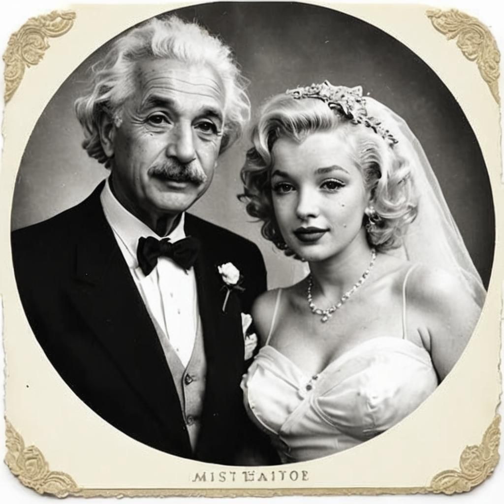 Stand in Father of the Bride: Vintage wedding photo of Hollywood scarlet Marilyn Monroe and celebrity genius Albert Eins...