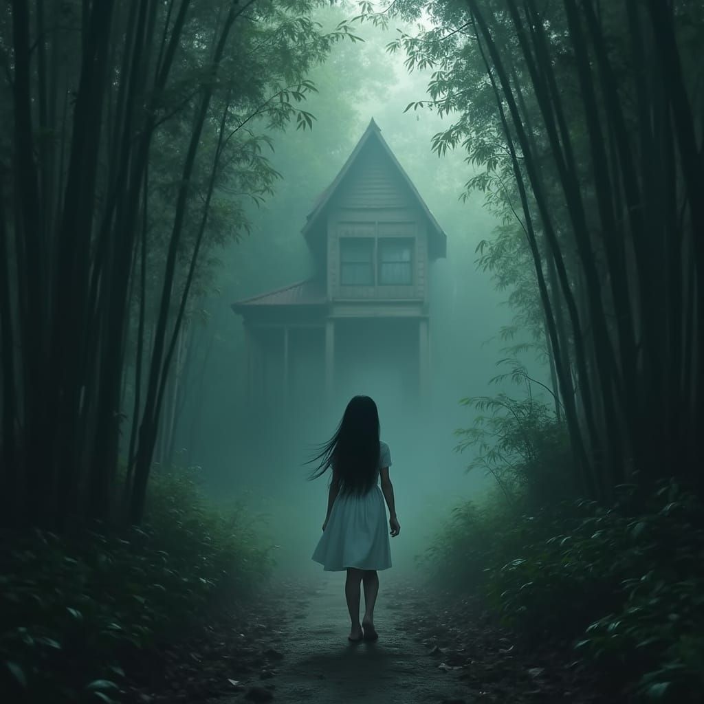 Misty Bamboo Forest: Ghost Girl in Dark Fantasy Style