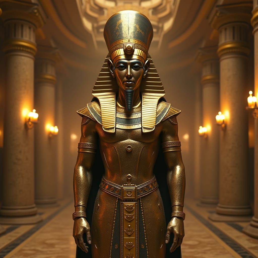 Ancient Egyptian Pharaoh in Futuristic Golden Headdress, Ult...
