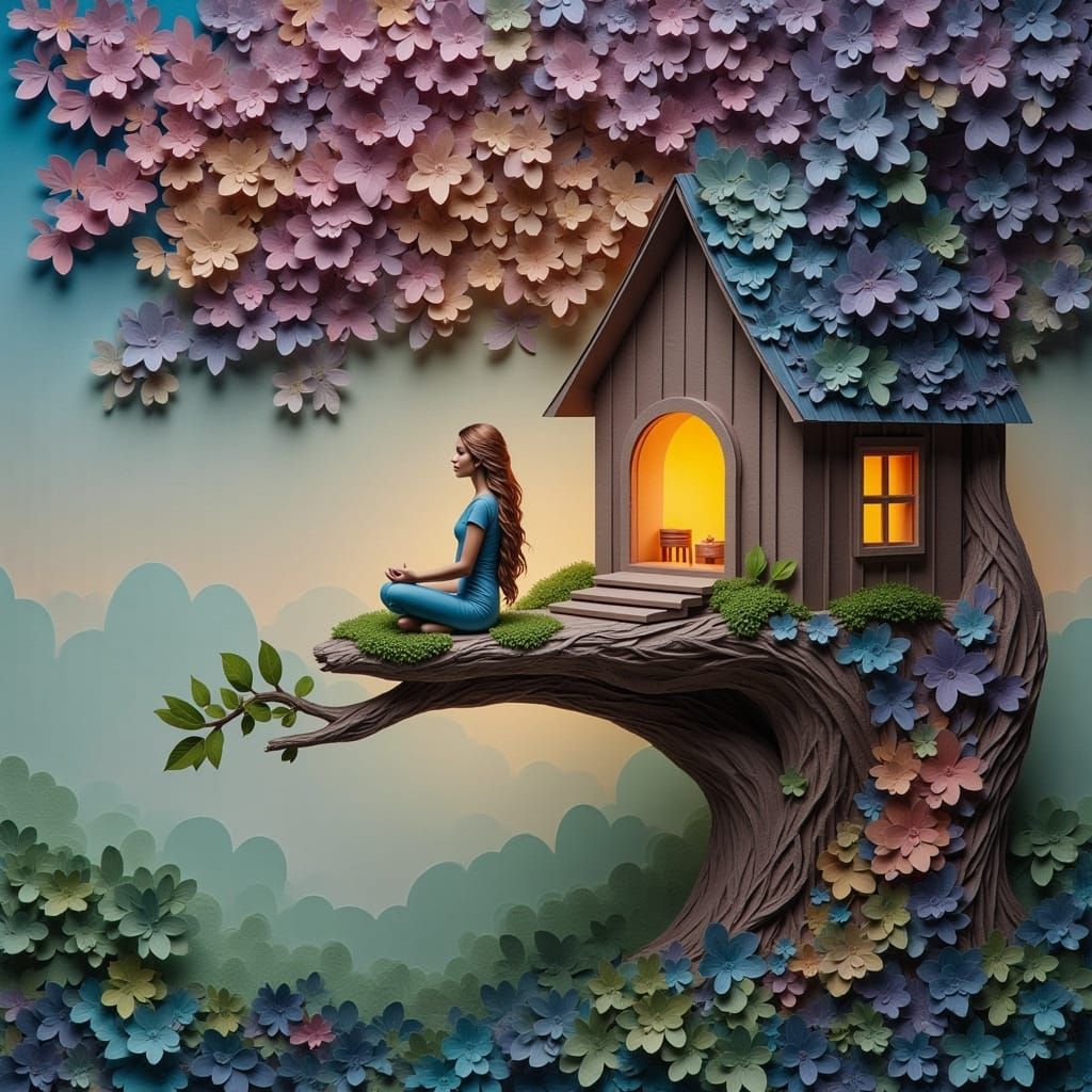 Serene Woman Meditates in Whimsical Origami Treehouse Amidst...