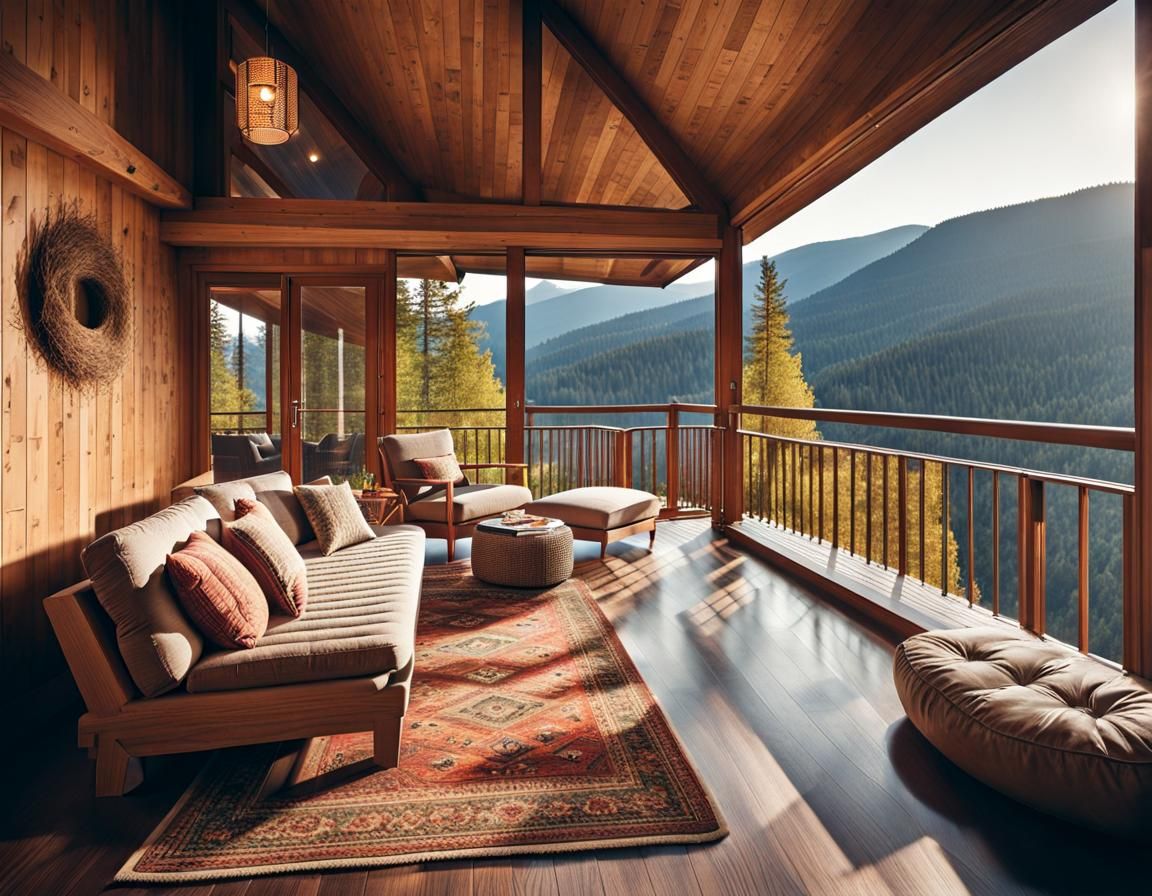 Warm Cottage Interior with Mountain View Balcony