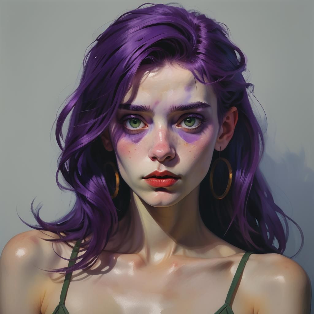 Violet Hair Portrait in Expressionist Gouache Style