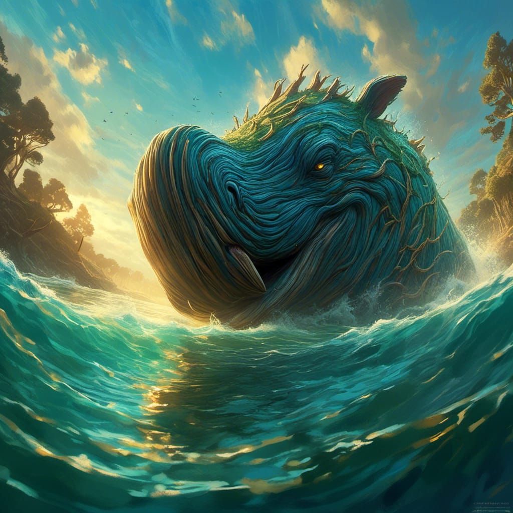 Blue Whale in Ocean, Impressionist Digital Painting