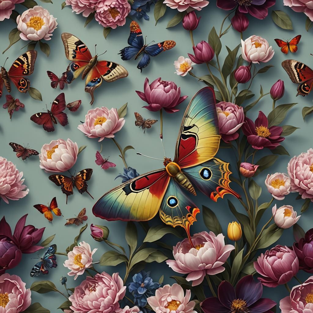 Madagascan Moon Moth Matte Painting with Flowers