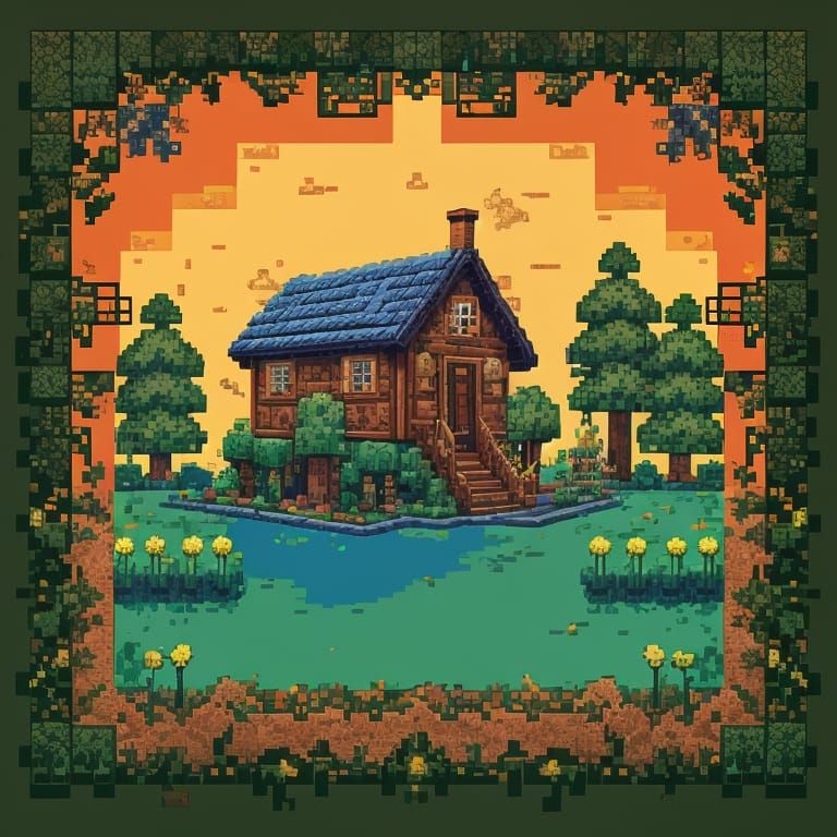 Ein Hausruine mitten im Wald. Pixel Art 8-Bit-Stil der 1980 ...