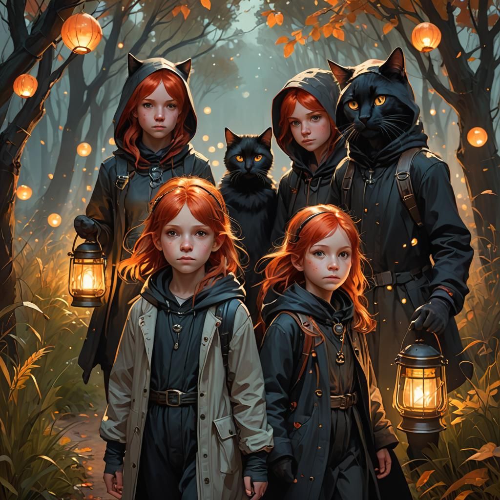 Children and Black Cat in Autumnal Fantasy Landscape
