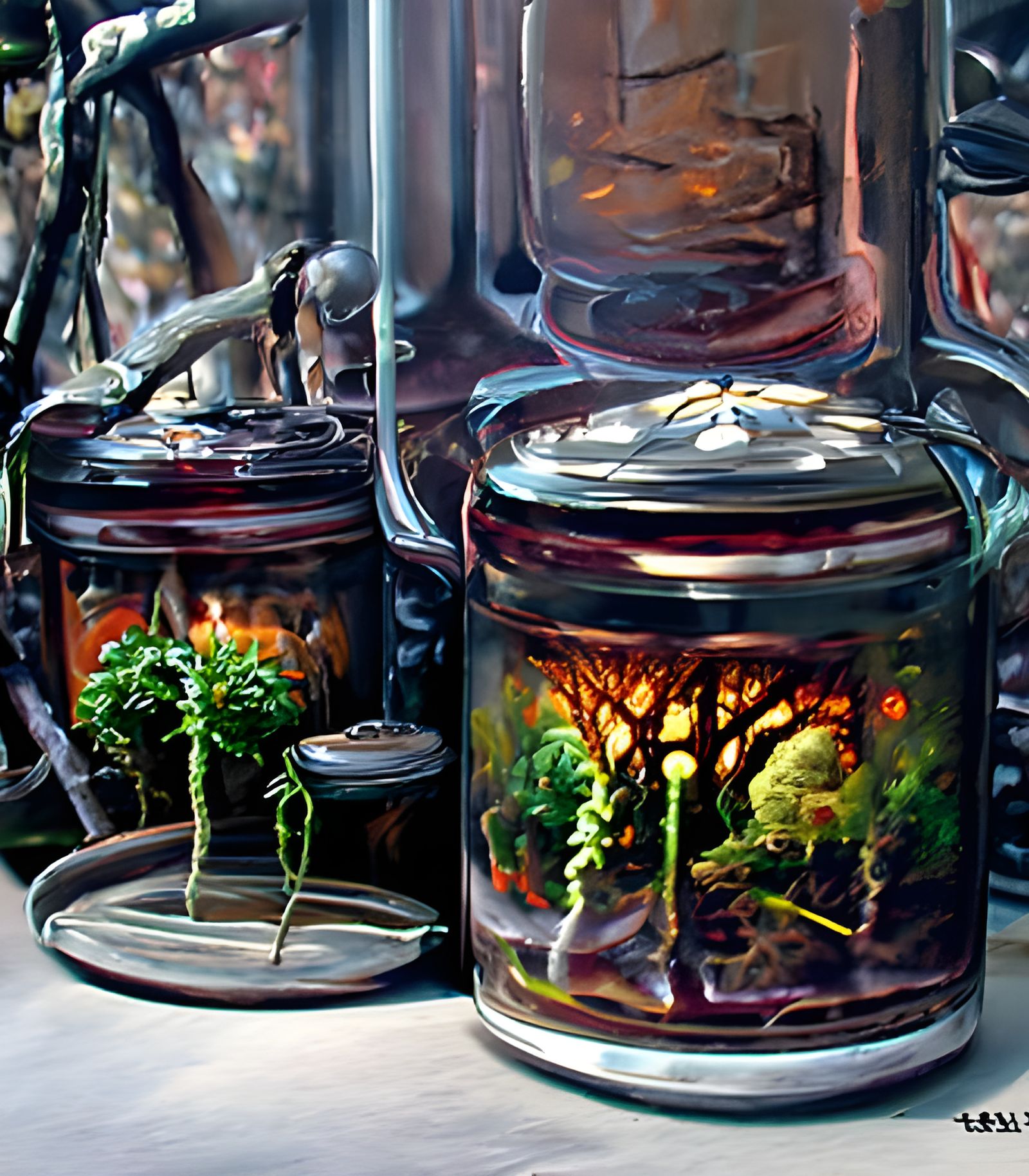 Serene Forest Landscape with Plants in Jars and Fireflies