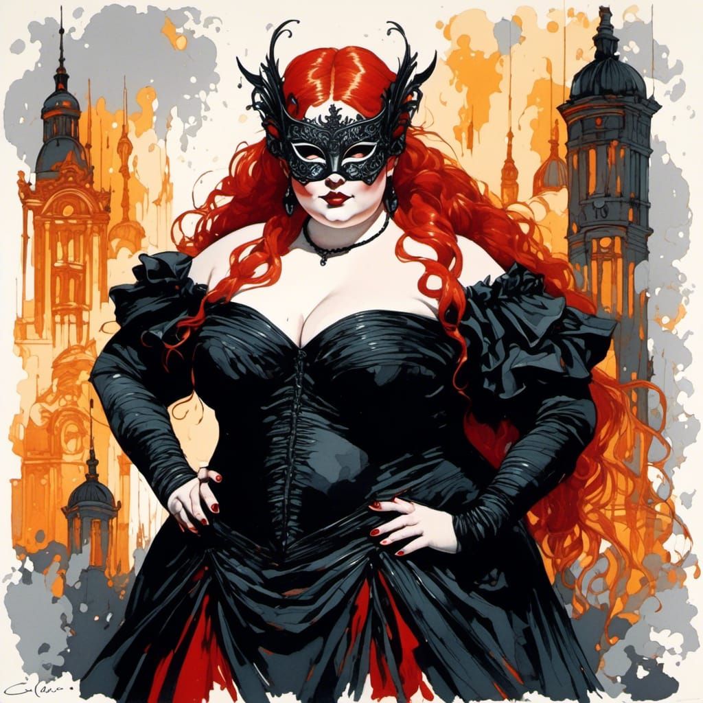 Curvy Elf Woman in Black Dress at Masquerade Ball