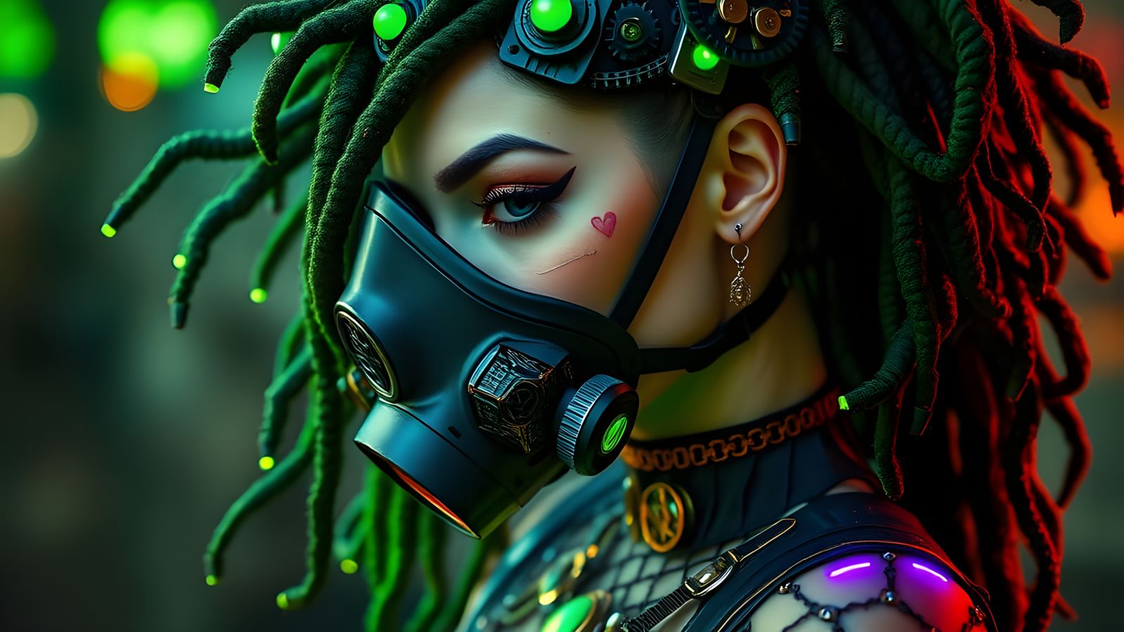 Steampunk Goddess in Neon Green and Black Attire with Cyberp...