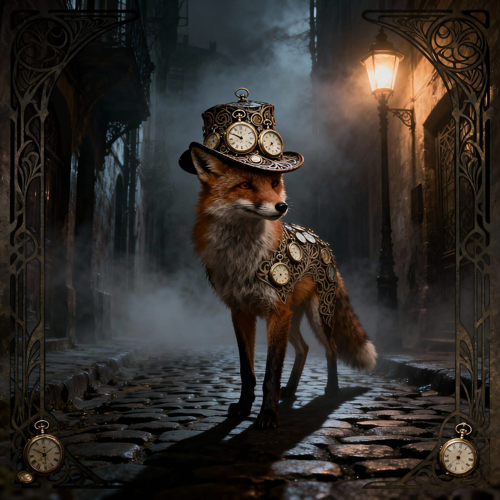 Fox in Pocket Watch Hat in Foggy Alley