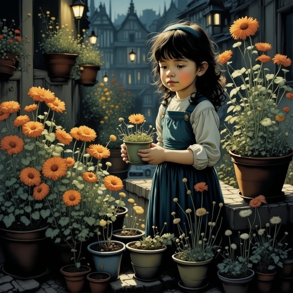 Whimsical City Garden Scene in Intricate Style