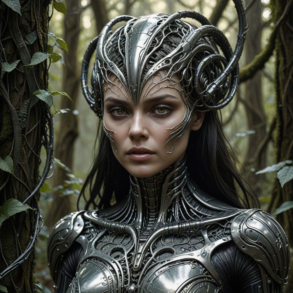Surreal Biomechanical Goddess in Vines