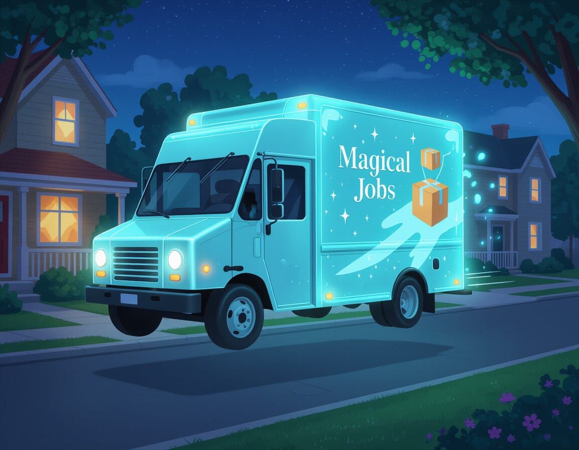 Magical Delivery Truck Flying in Modern Neighborhood
