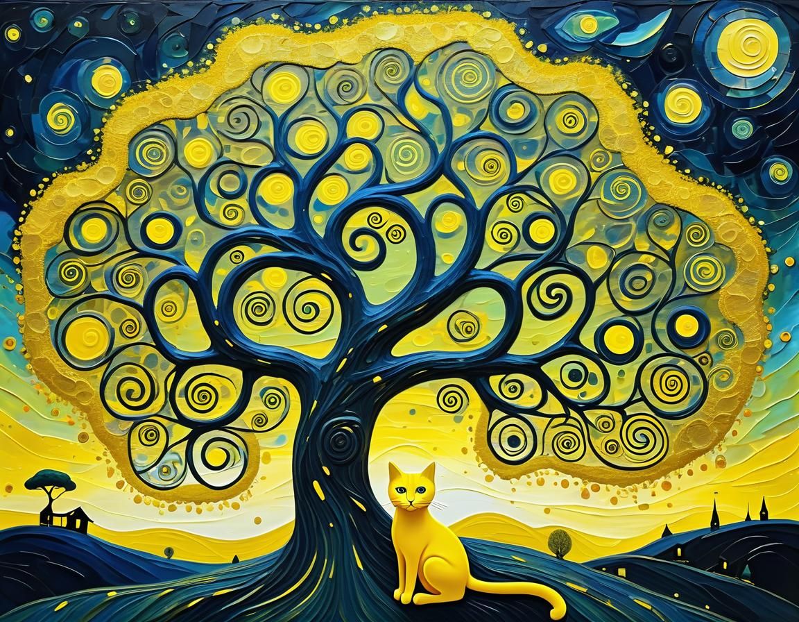 Surreal Yellow Tree with Cat in Klimt Impasto Style