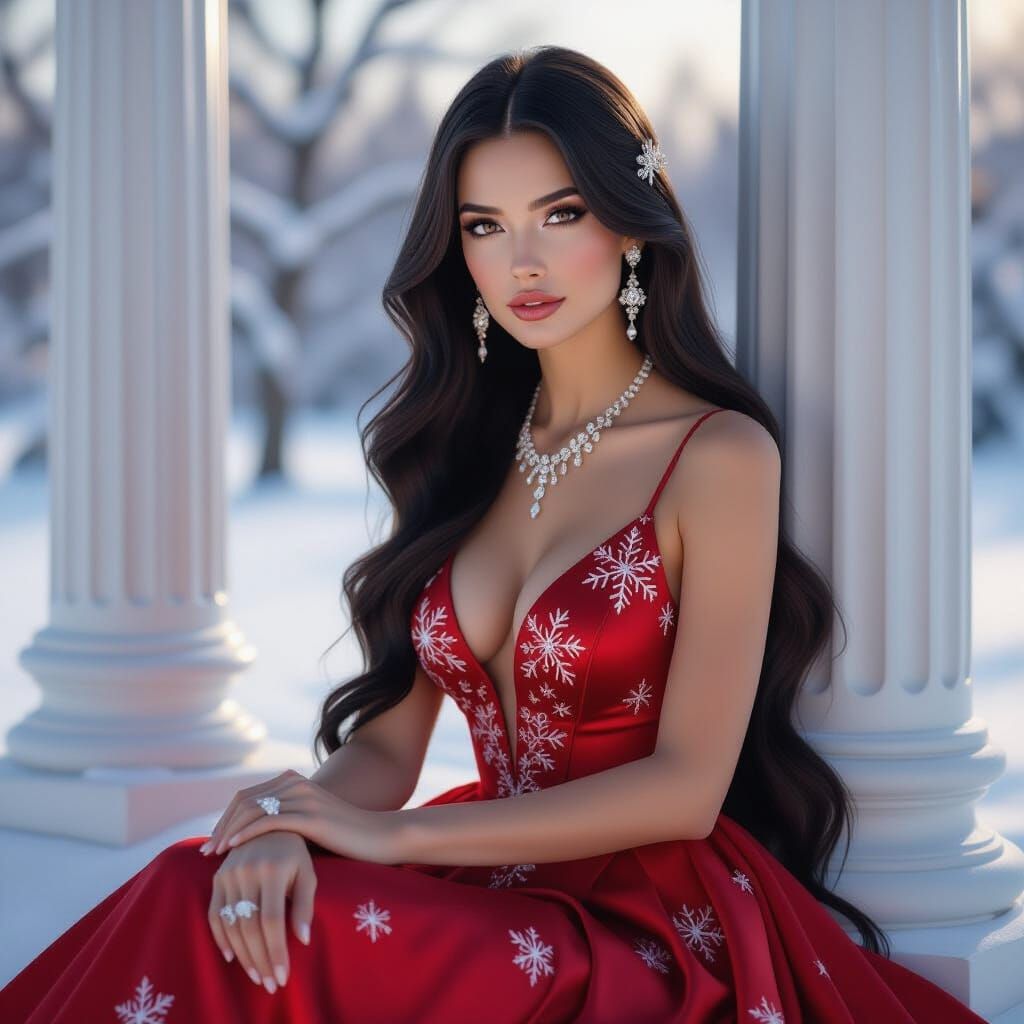 Regal Woman in Snowy Winter Landscape Digital Illustration