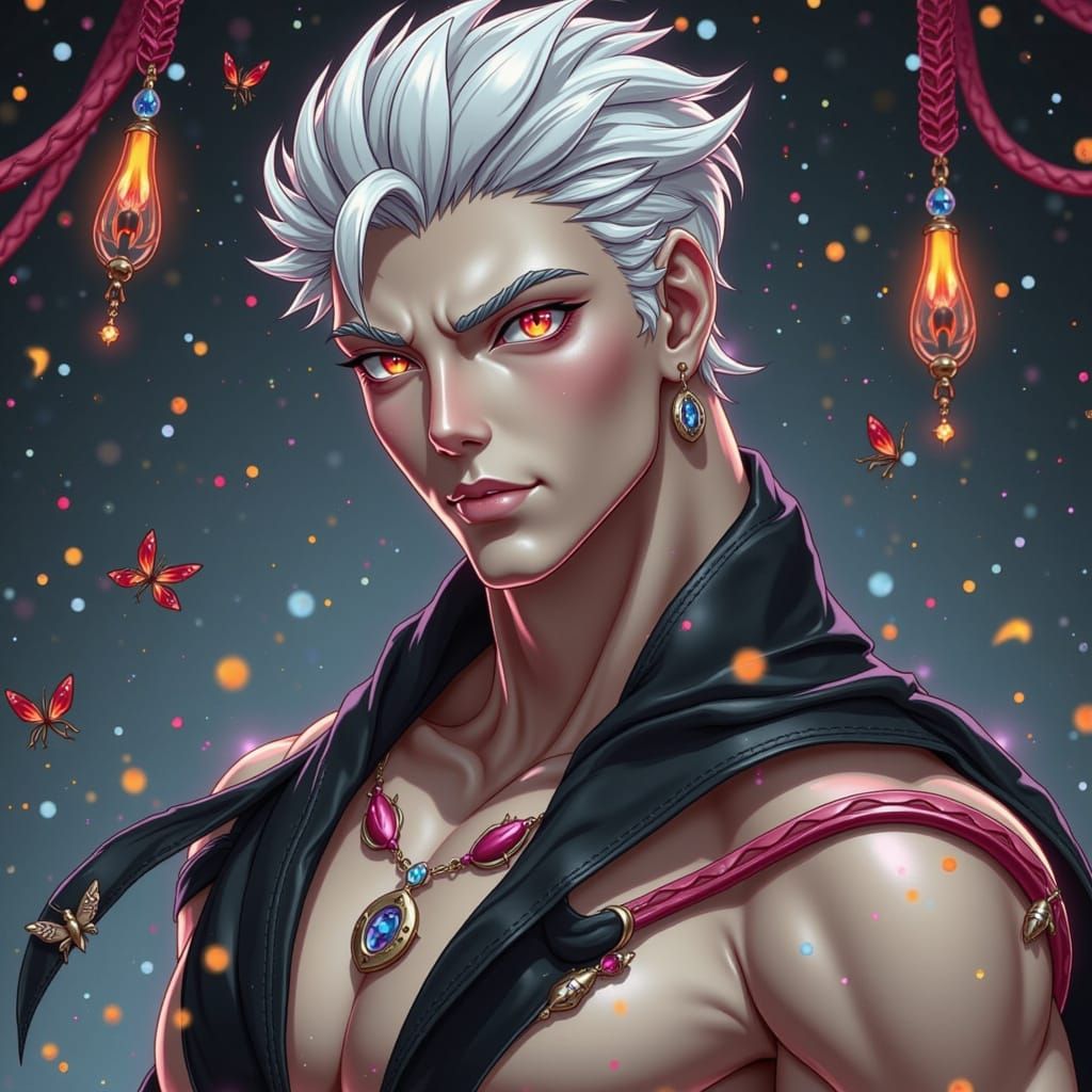 Chiseled Korean Prince with Red Eyes and Pink Lips in Anime-...