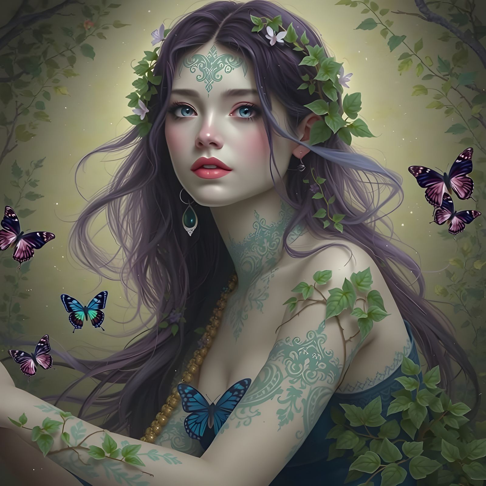 Mystical Woman Enveloped in Magical Vines and Butterflies