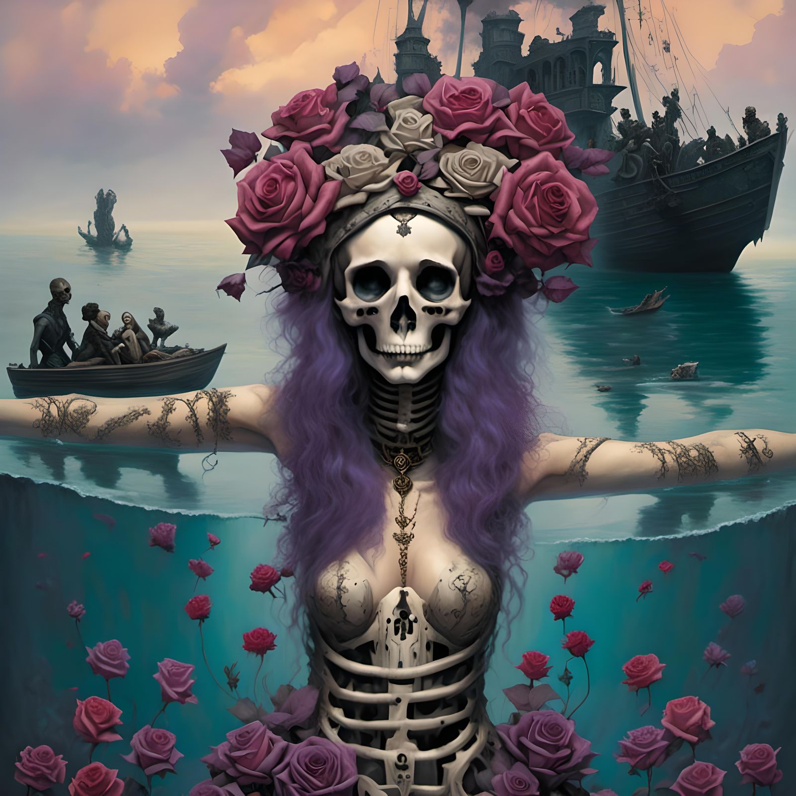 Purple Rose Skulls Boat: Digital Gothic Nautical Art