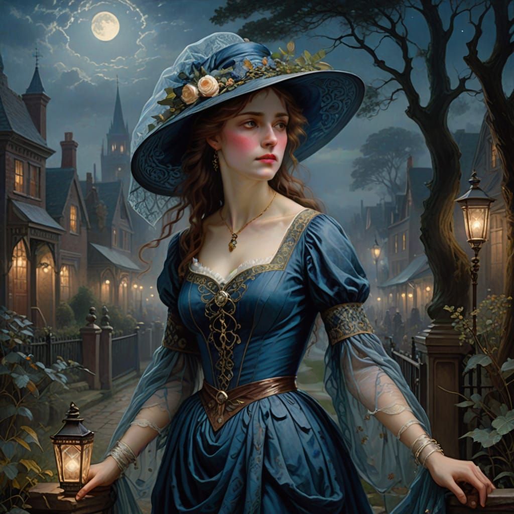 Ethereal Victorian Woman in Misty Fog, Moonlit Beauty
