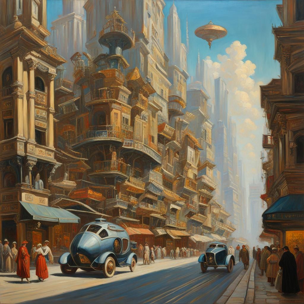Futuristic City Street with Flying Cars, Oil Painting