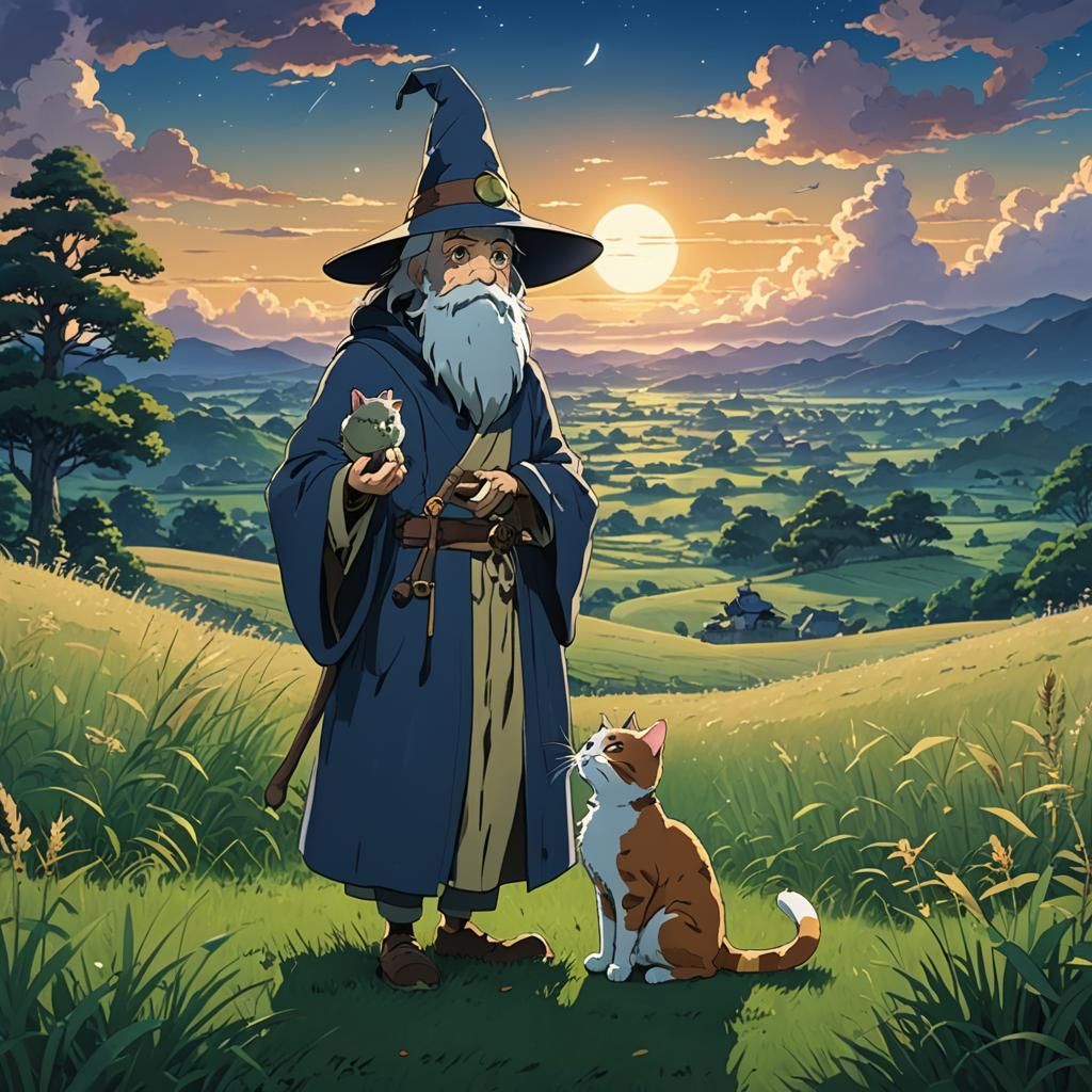 Wizard Teaches Magic to Cat in Ghibli Anime Style