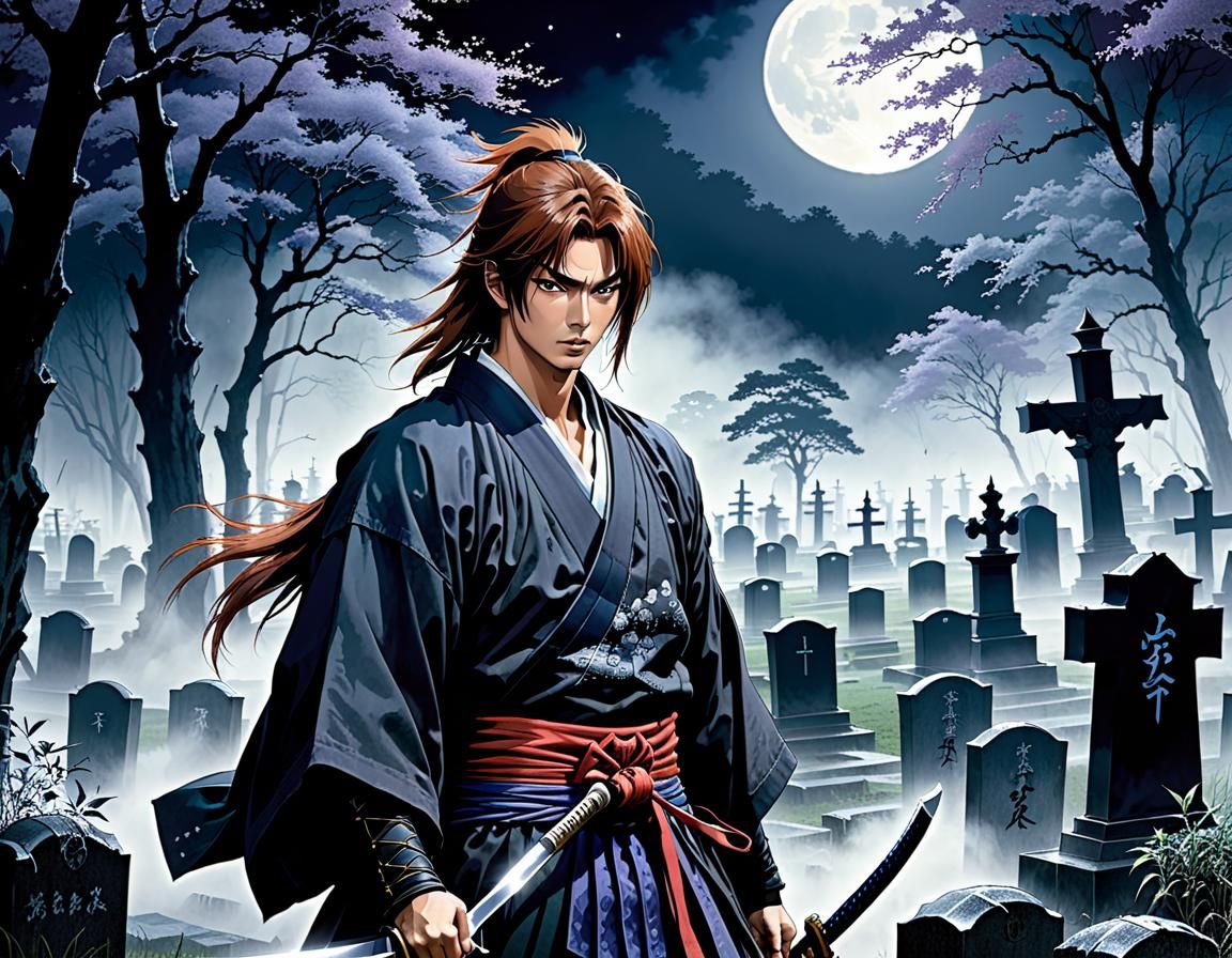 Samurai Kenshin Himura in Misty Graveyard
