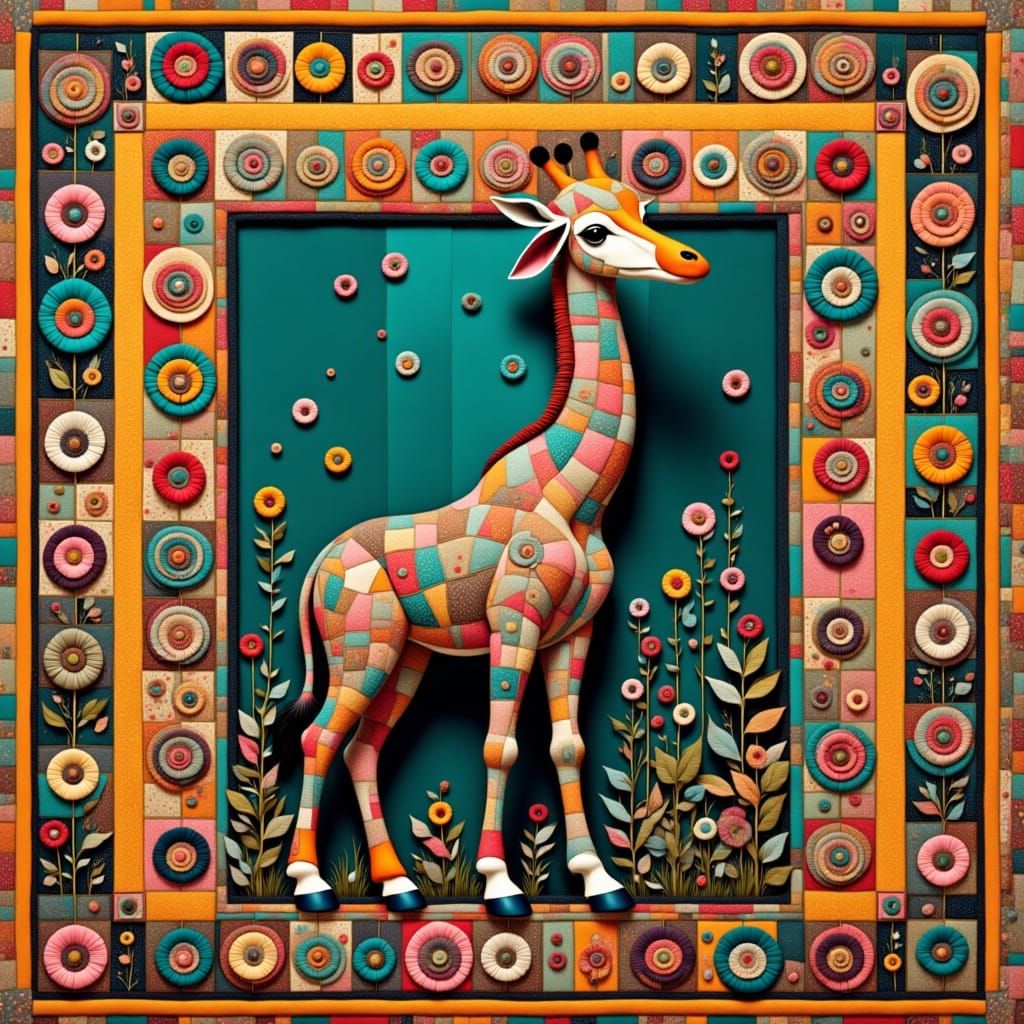 Giraffe in Patchwork Frame with Floral Patterns