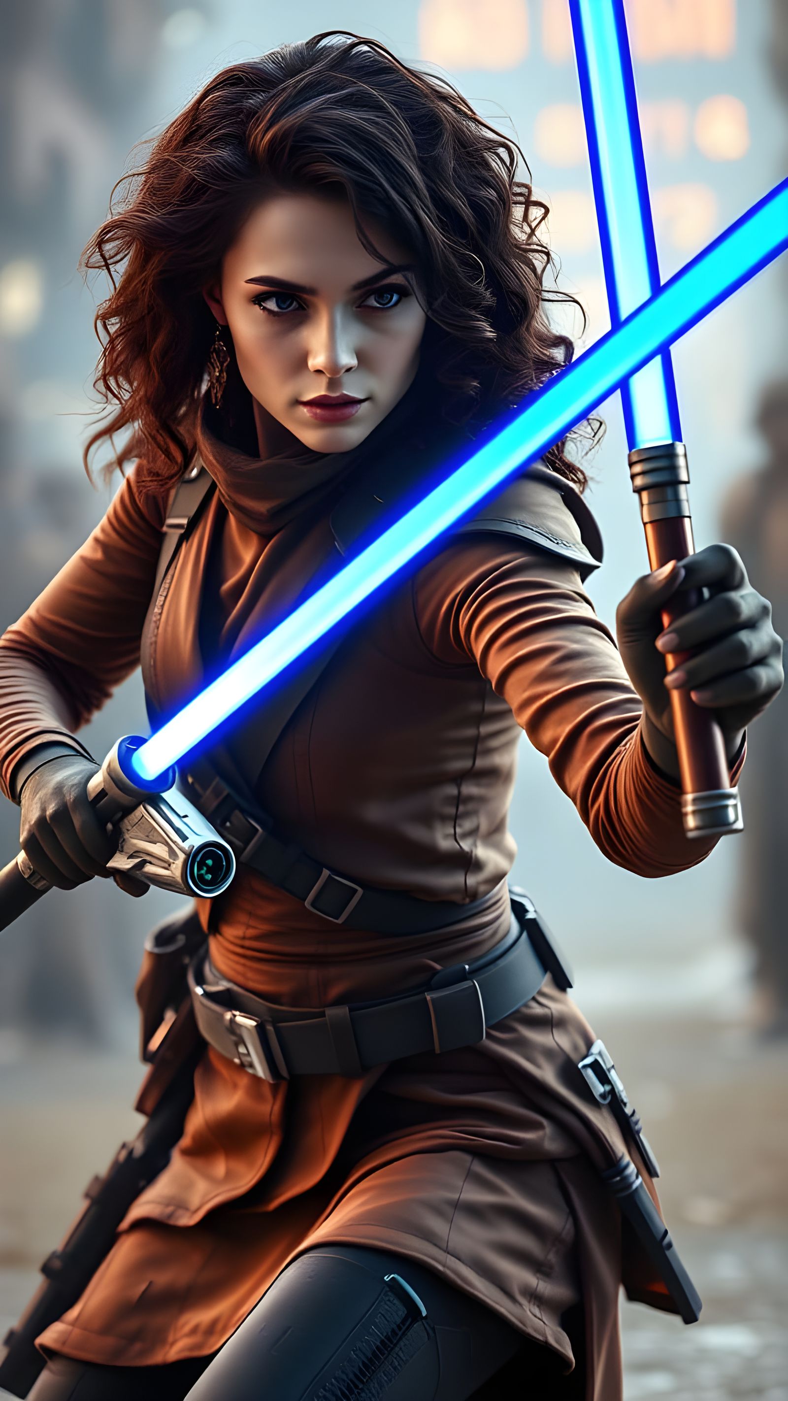 Sci-Fi Heroine with Lightsaber in Action Movie Still