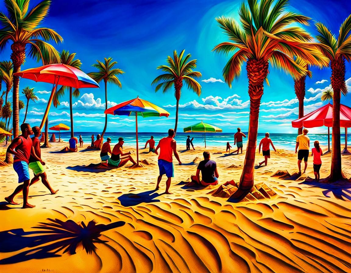 Summer fun with hot breeze but cool waters on the beach and feet full of sand ocean & palm trees