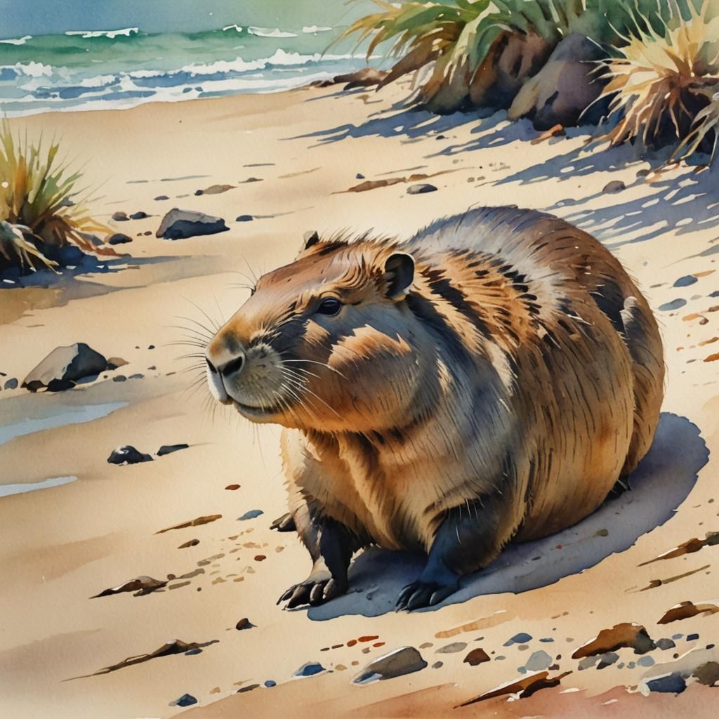 Capybara Relaxing on Australian Beach: Impressionist Waterco...