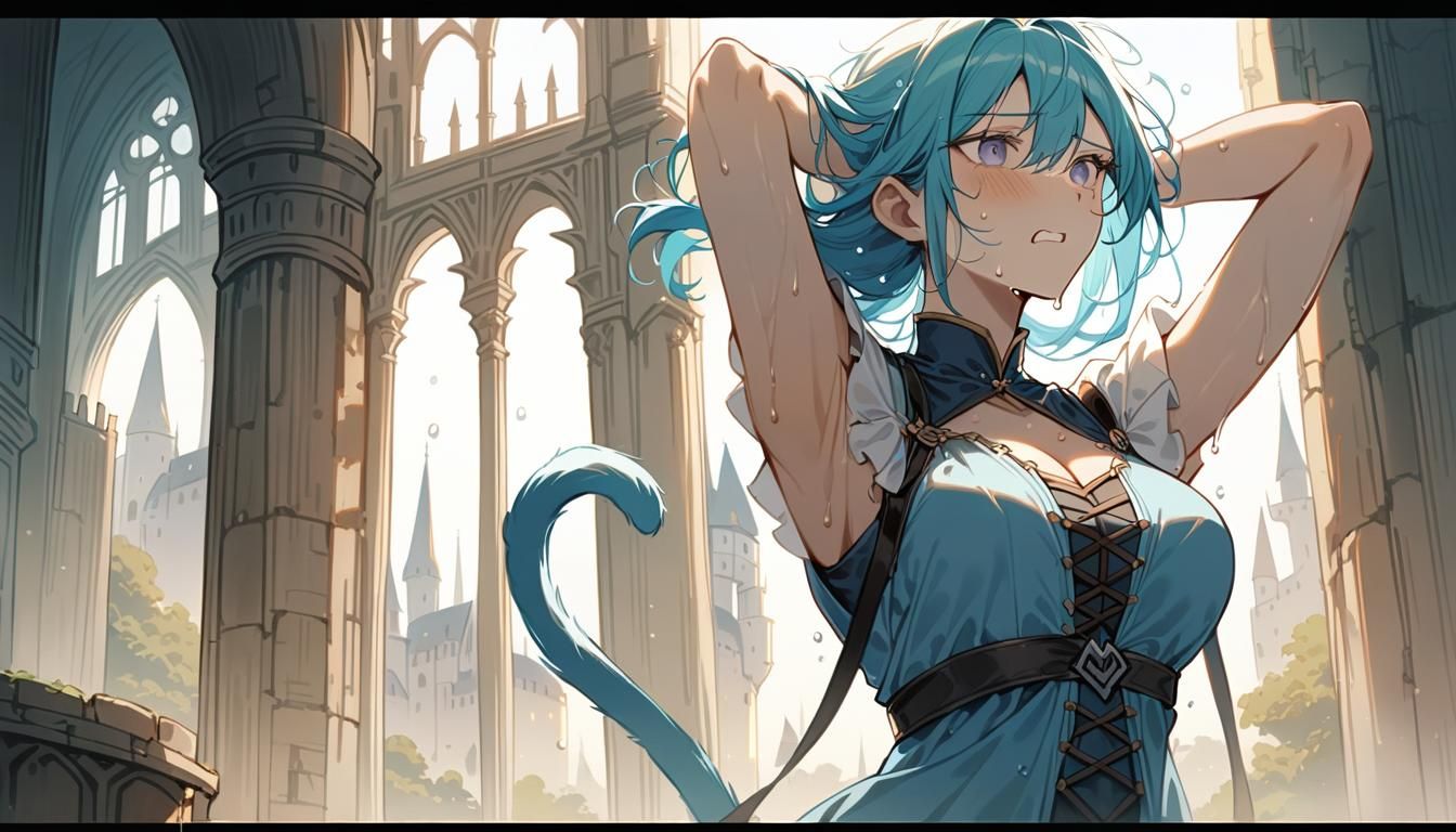 Catgirl Assassin in Fantasy Castle, Detailed Art