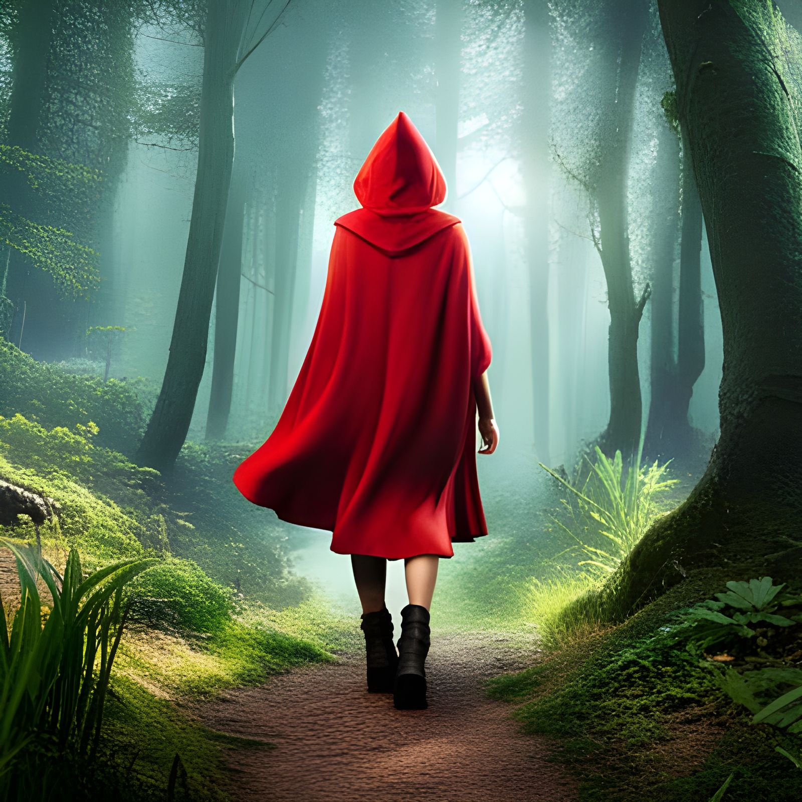 Little Red Riding Hood in Forest: Hyperrealistic Portrait