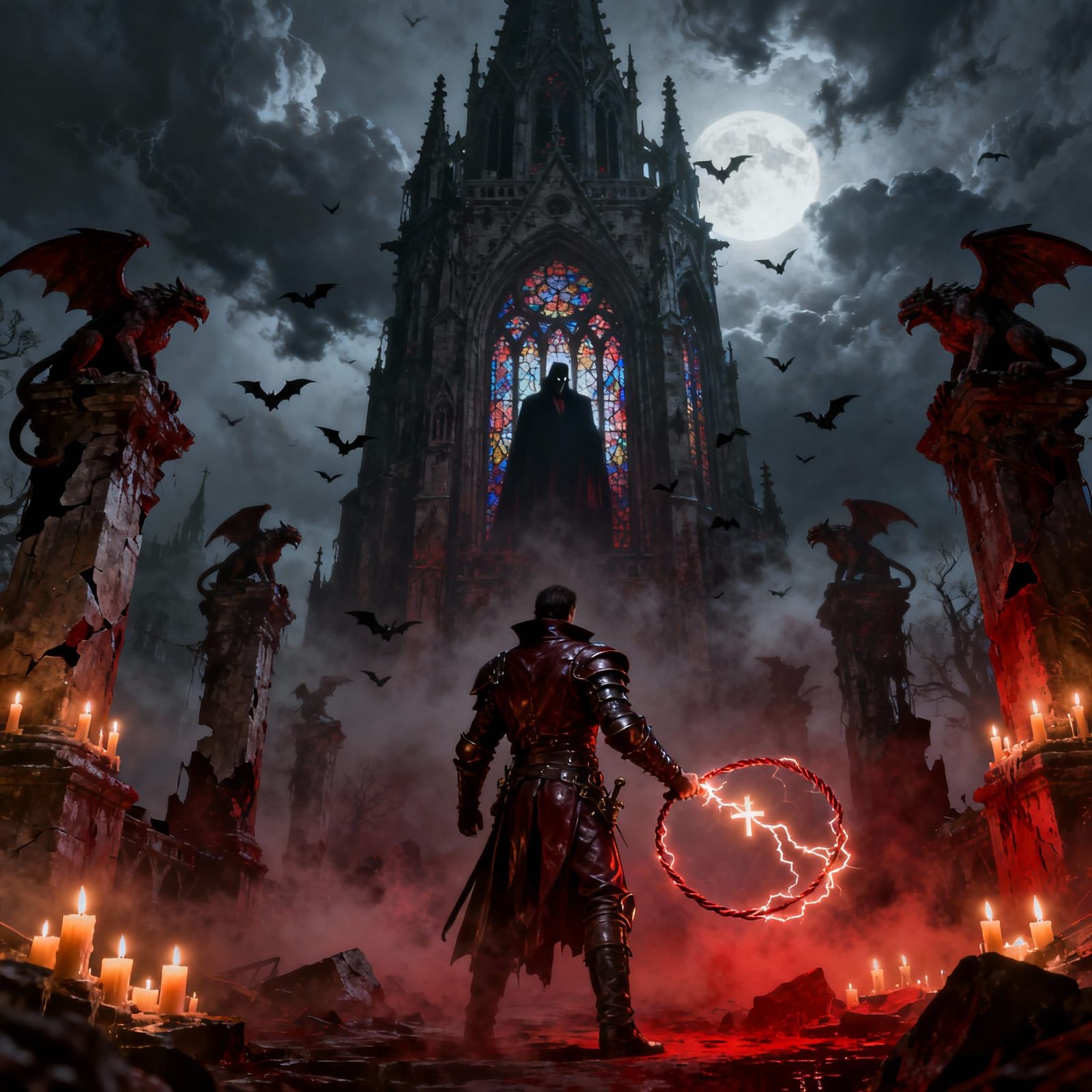 Gothic Vampire Hunter Before Cursed Castle Tower