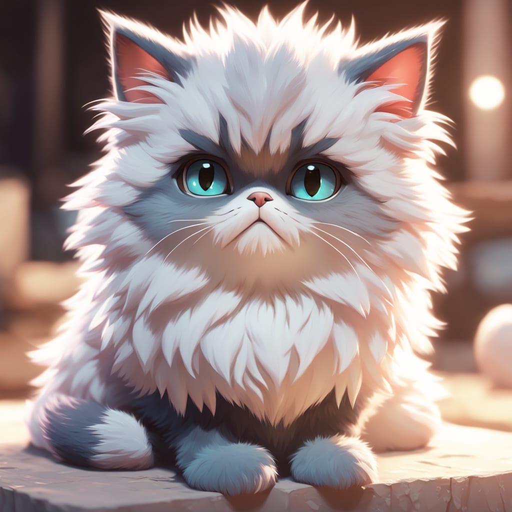Grumpy Kitten in Anime Style 3D Art