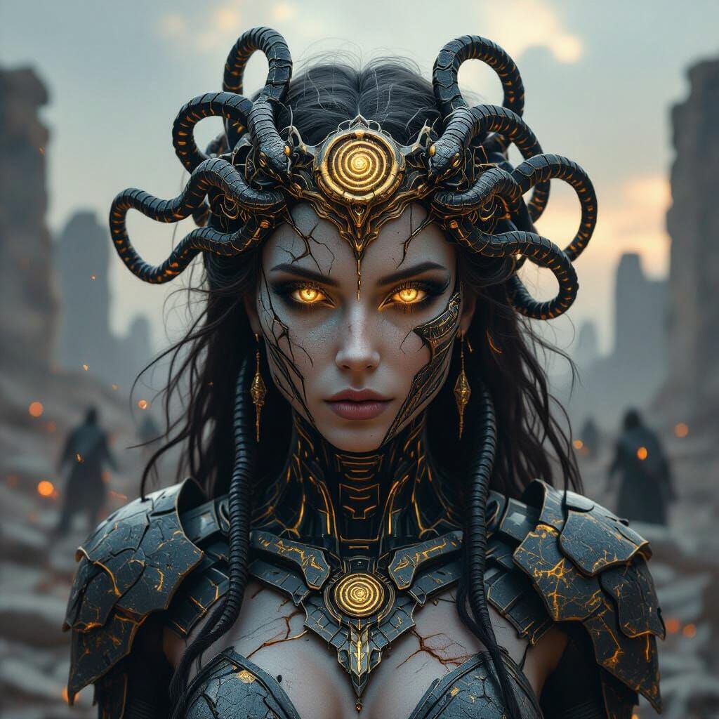 Cosmic Medusa Warrior in Shattered Celestial Ruins