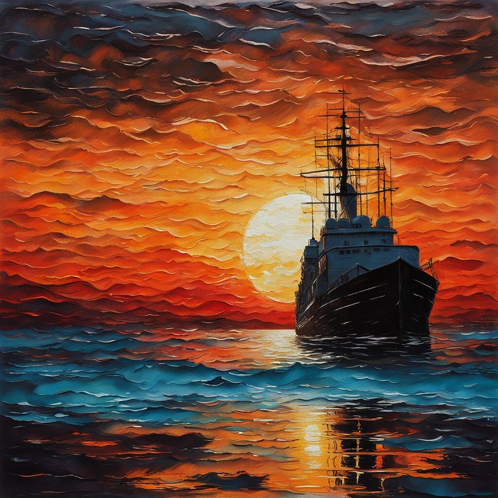 Surreal Ocean Sunset in Thick Impasto Texture