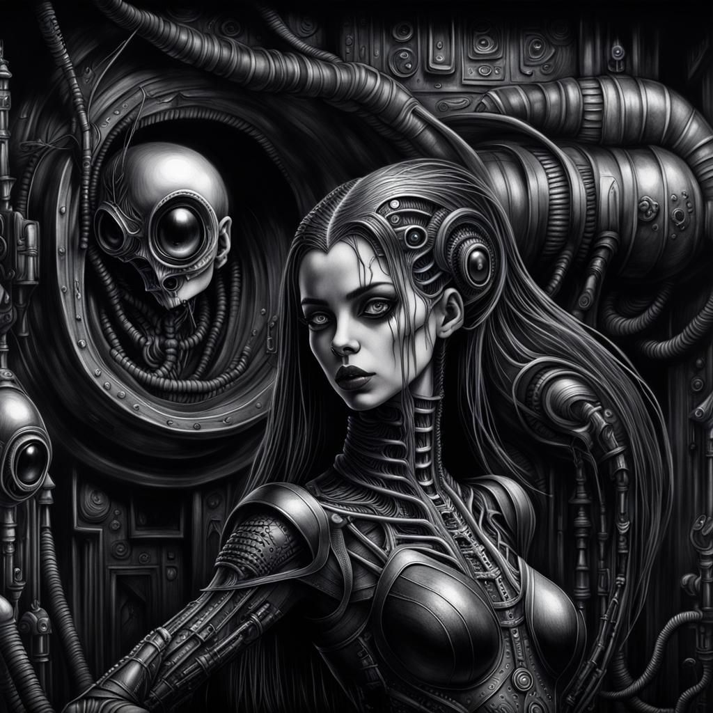 Gothic Cyberpunk Woman in Hyperrealistic Black and White