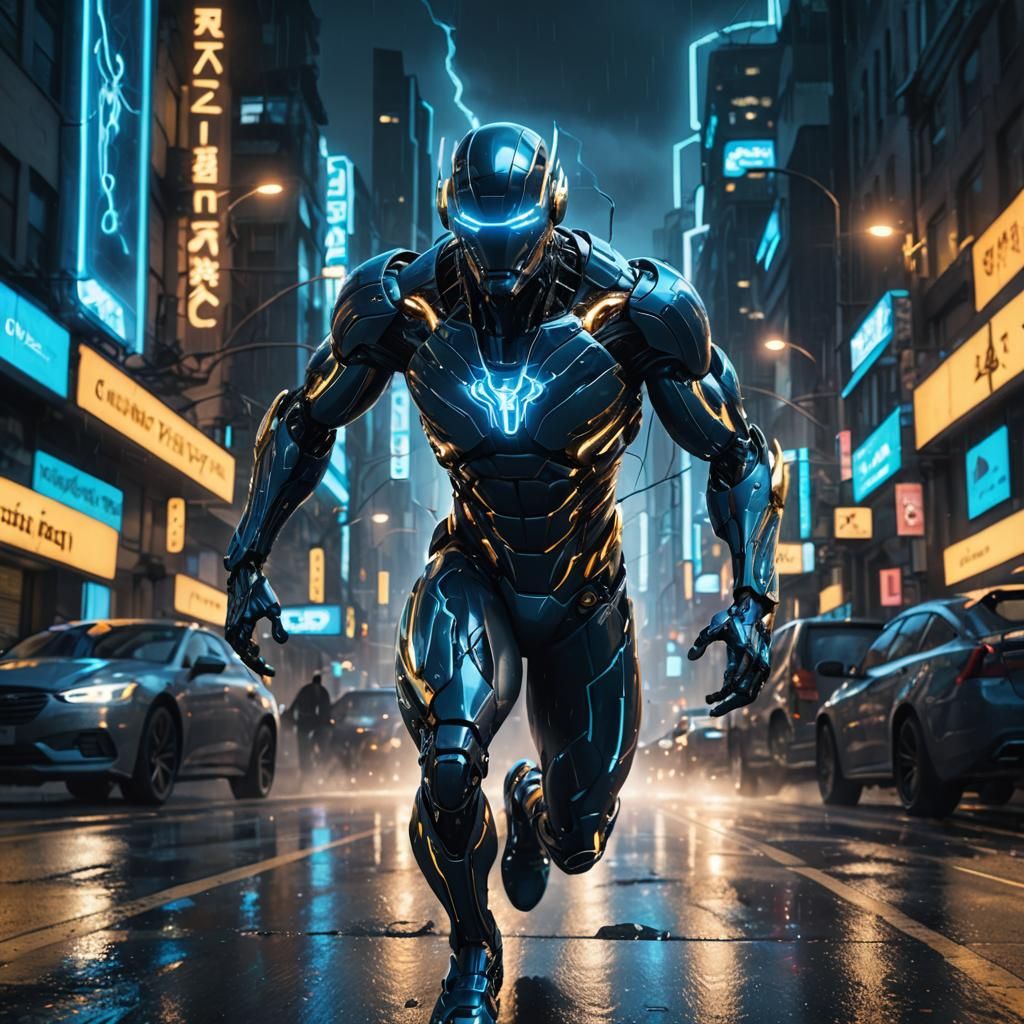 Cyborg Speedster in Neon Cityscape: Concept Art