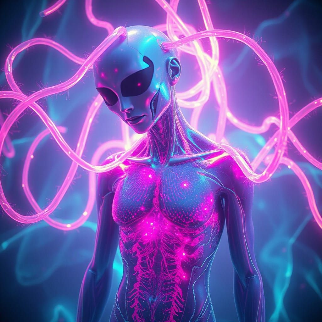 Iridescent Plasmoid Humanoid in Ethereal Cosmic Environment