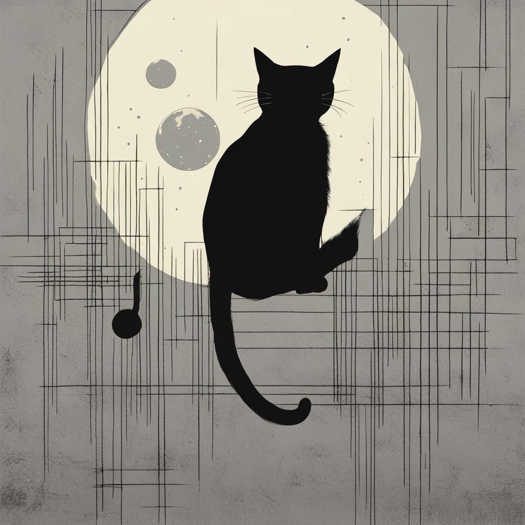 Minimalist Black Cat Gazing at Moon, Pop Art