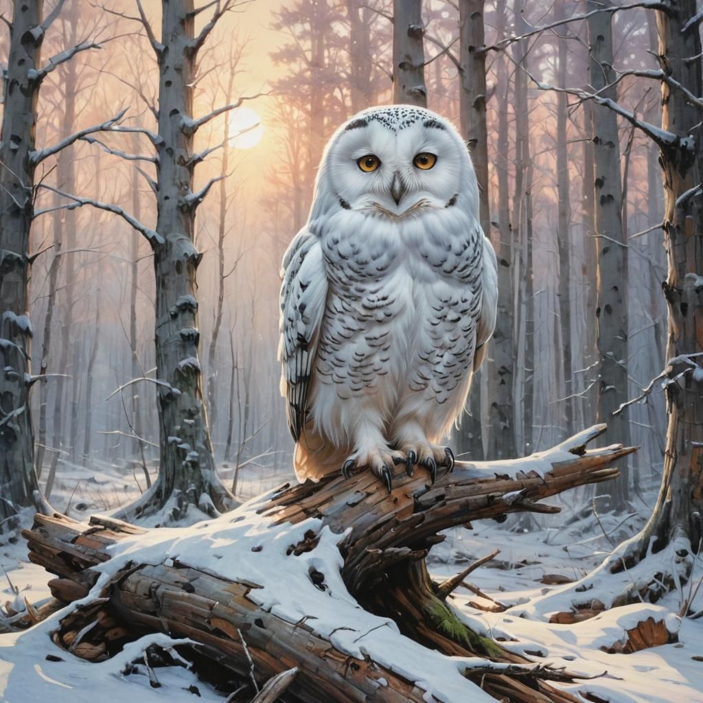 White Owl in Snowy Winter Forest