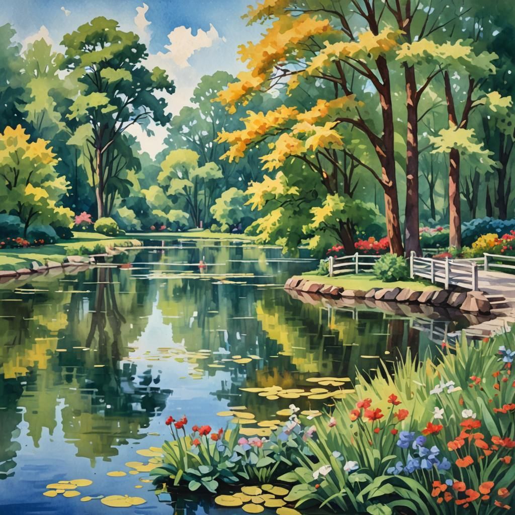 Lakeside Park in Gouache and Watercolor Style