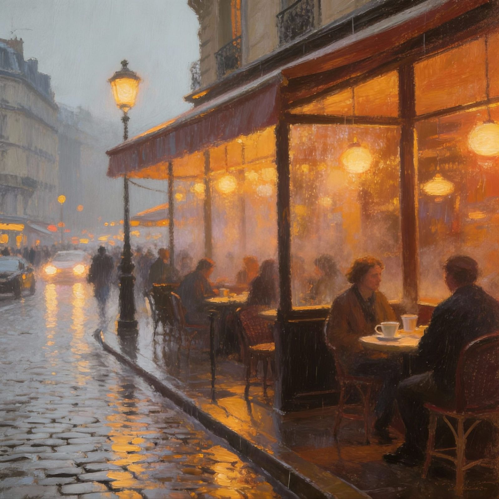 Parisian Cafe Scene on a Rainy Afternoon