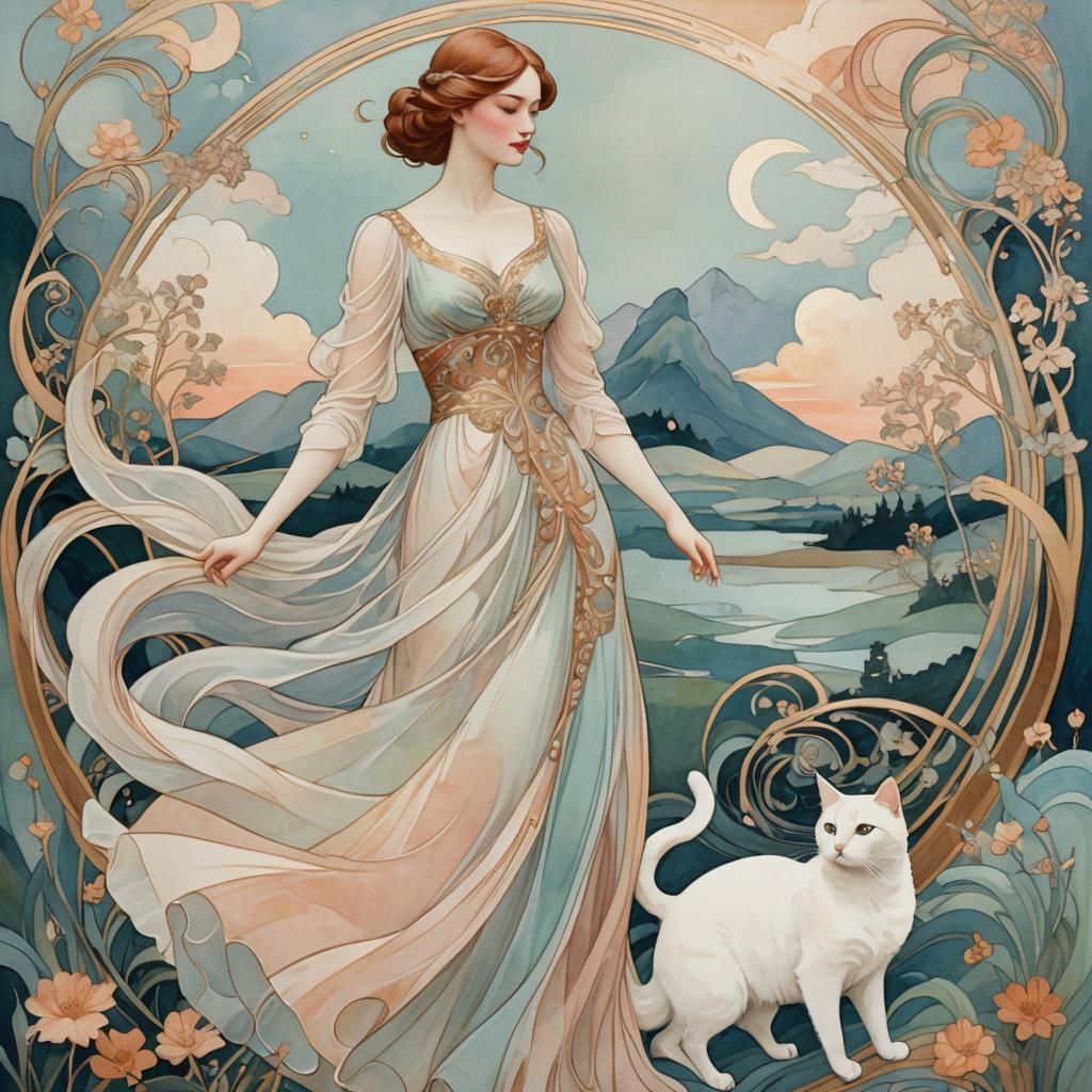 Elegant Lady with Cat in Art Nouveau Style