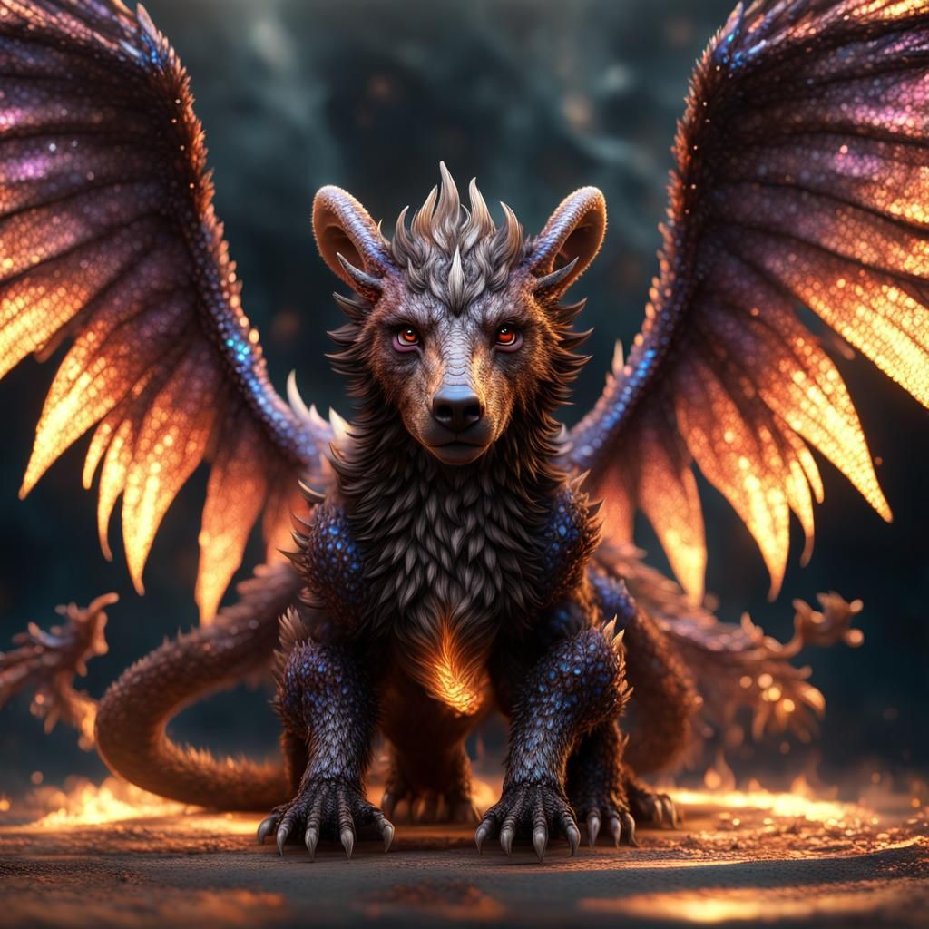 Winged Bear Dragon with Sparkling Eyes, Fantasycore Art