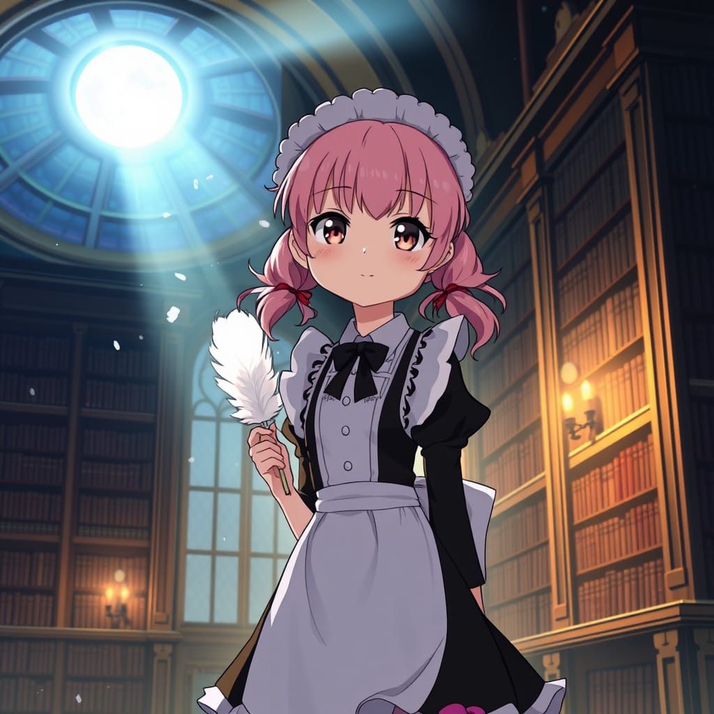 Anime Maid Girl in Victorian Library, Pink Hair
