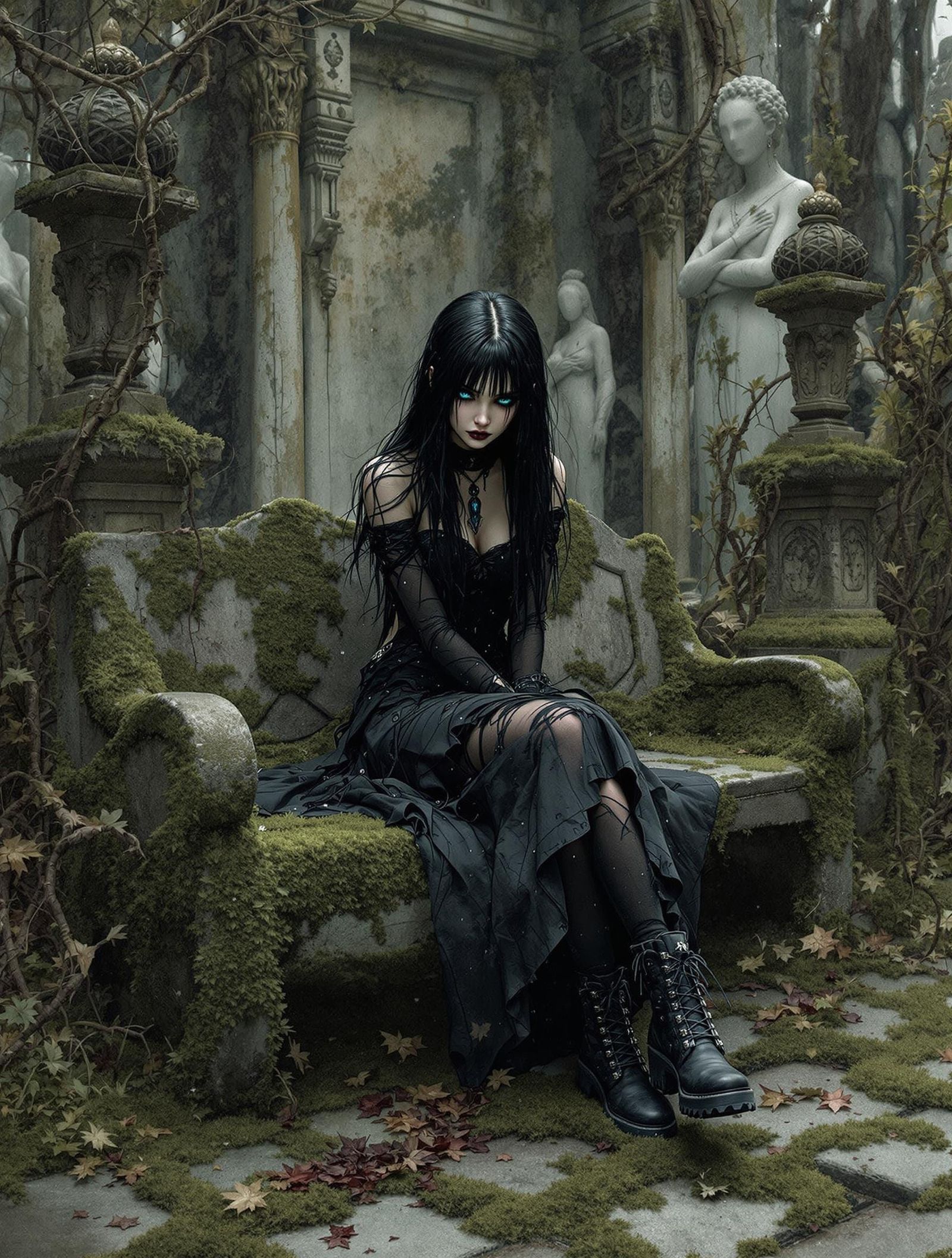 Gothic Girl in Forgotten Garden, Dark Fantasy Realism