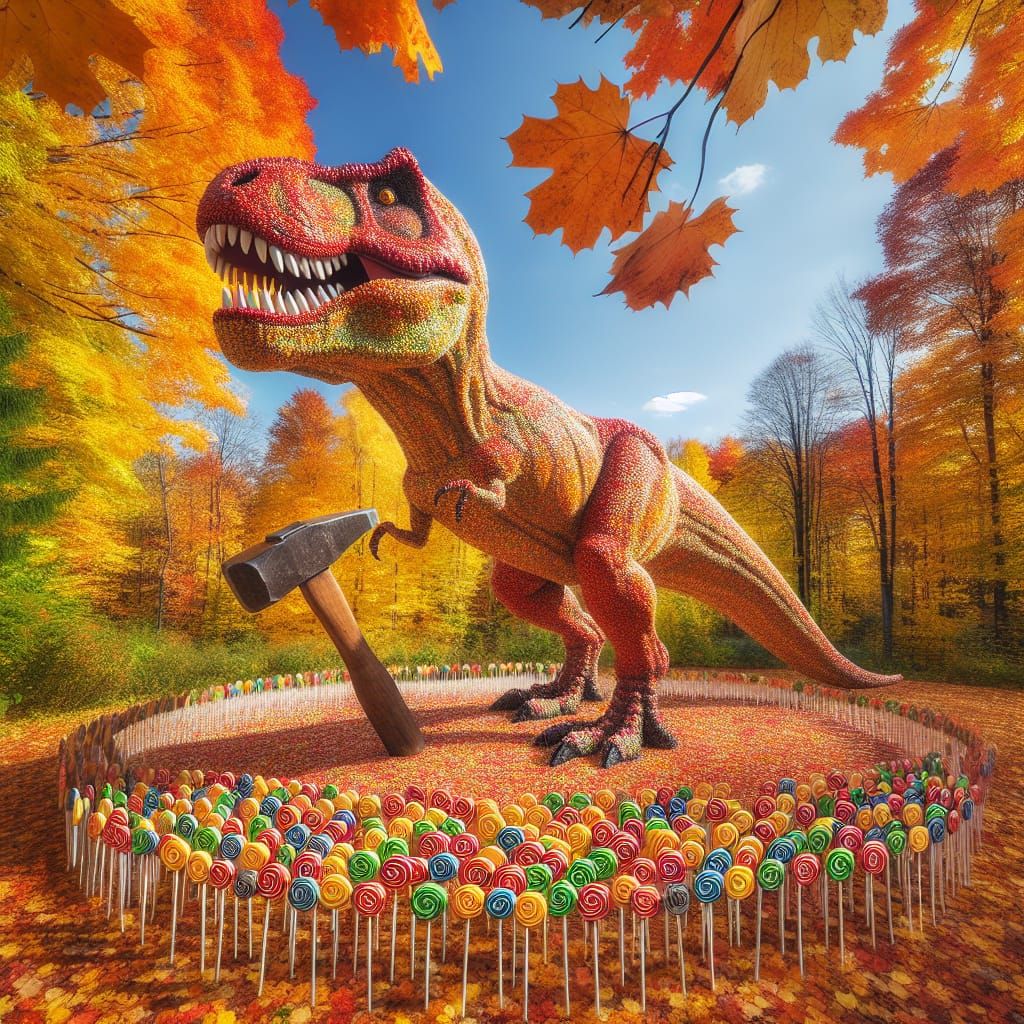 Lollipop and Hammer T-Rex in Autumn Landscape