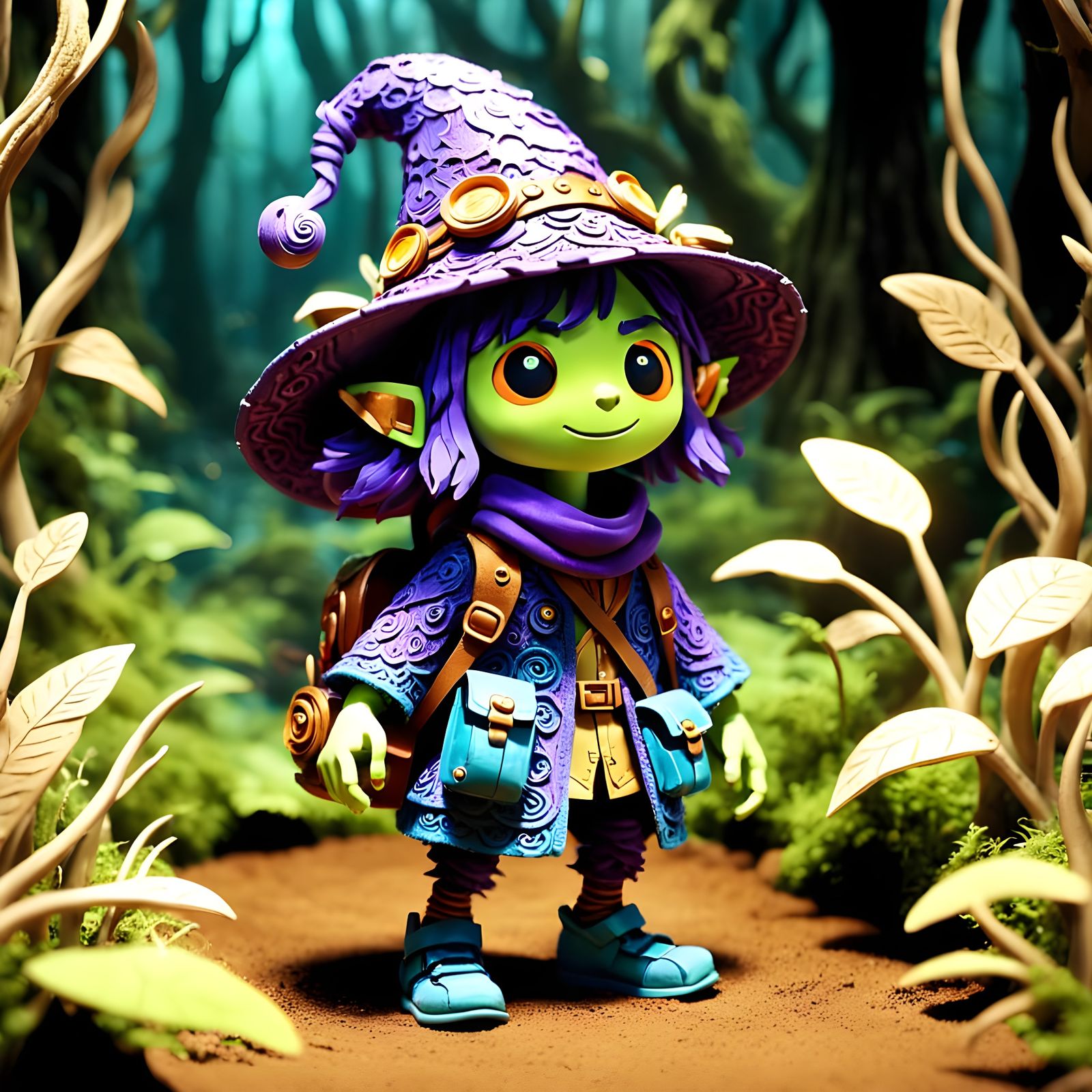 Whimsical Claymation Explorer in Enchanted Forest