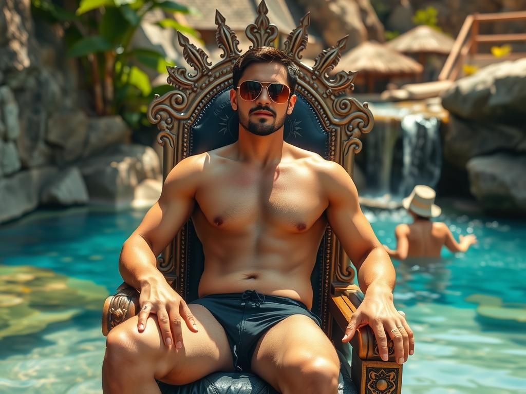 Man in Bikini on Throne at Watering Hole